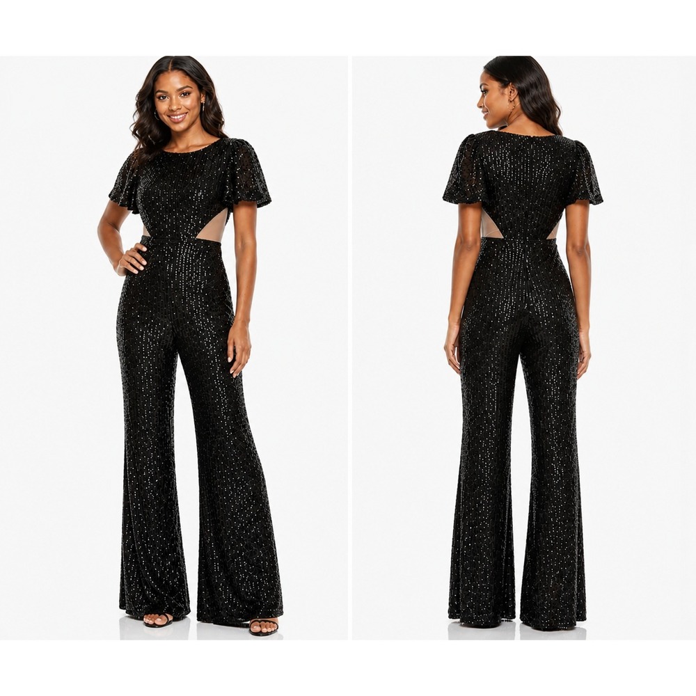Ieena for Mac Duggal Size 0 Black Sequined Illusion Cut Out Jumpsuit 11273 NWT